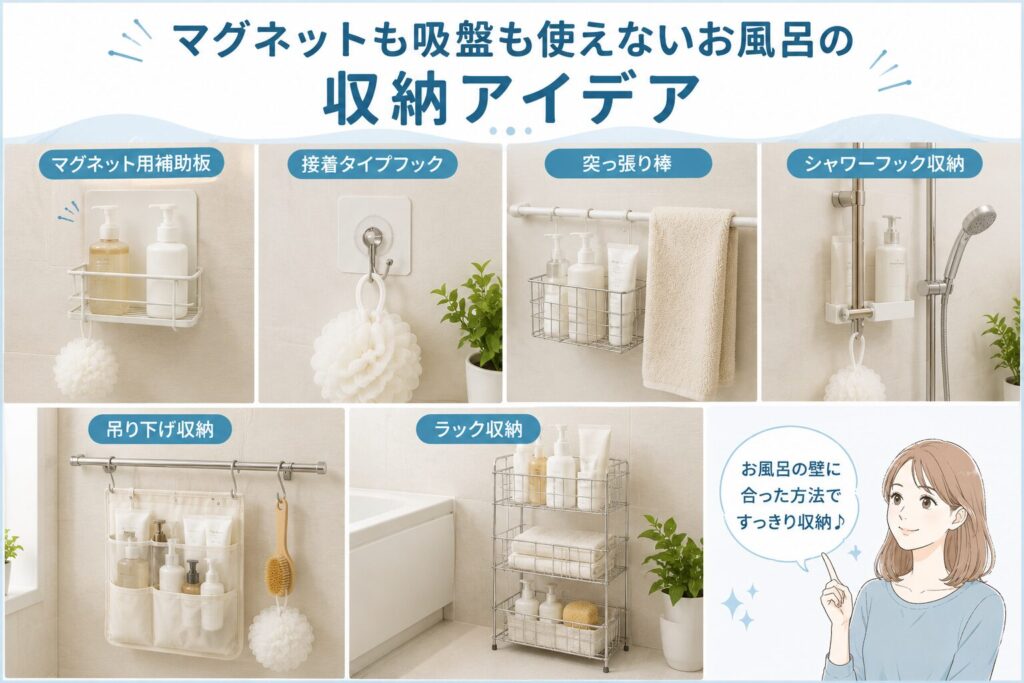 マグネットも吸盤もつかないお風呂の収納アイディア