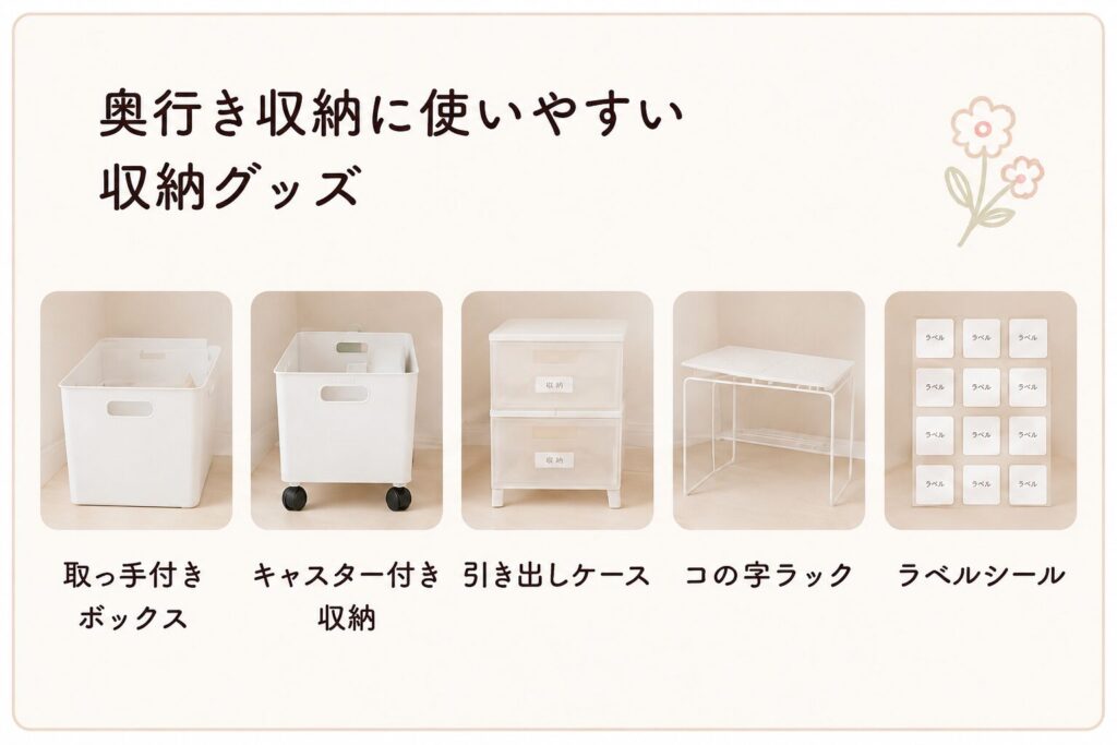 奥行きのある収納に使いやすいグッズ