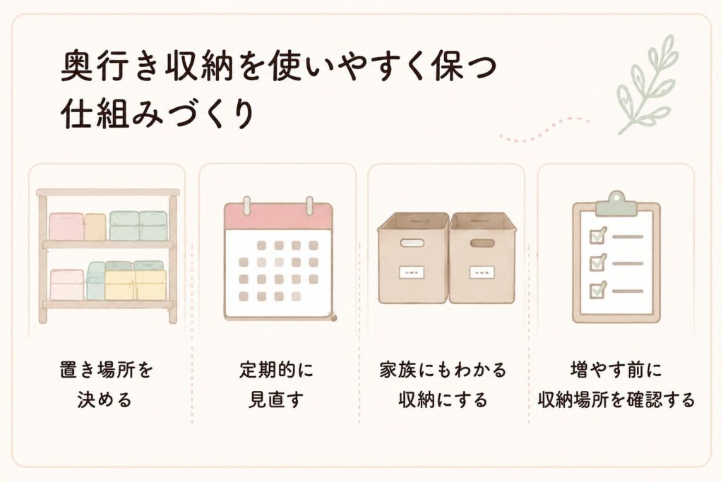 奥行きのある収納を使いやすく保つ仕組み